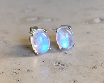 Moonstone Stud Earring- Oval Stud Earring- Rainbow Moonstone Earrings- Sterling Silver Earring- June Birthstone Earring- Classic Prong Stud