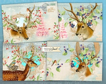 Art Mail - Christmas - illustration stories - digital collage sheet - set of 4 cards - Printable Download