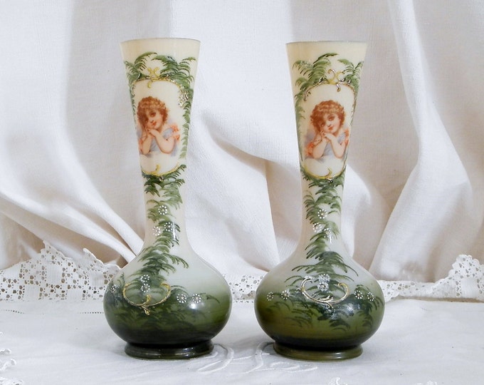 2 Antique French Handpainted and Transferware Cherub Glass Vases, Victorian, Floral, Flower, Arranging, Shabby, Chateau, Chic, Interior