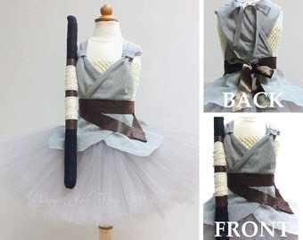 REY JEDI COSTUME 3pc Tutu Dress Set, Felt Staff, Belt, Skywalker, Child, Baby, Toddler, Kids, Halloween, Geekery, Photo Prop, Infant, Girl