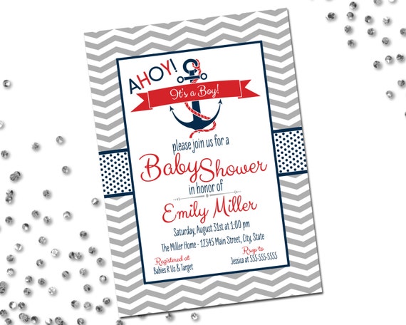 Nautical Baby Shower Invitation - Ahoy Its A Boy - Navy and Red - Chevron Stripes - Printable Il_570xn