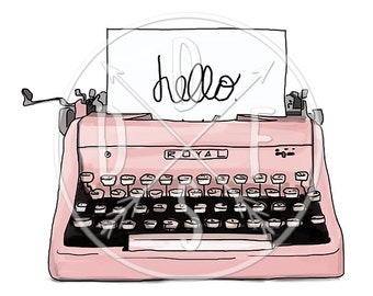 A0068_pink - Pink Retro Typewriter, Vintage Typing Machine - Digital Print, Instant Download. Printable Illustration. PNG/JPG files 8x10''.