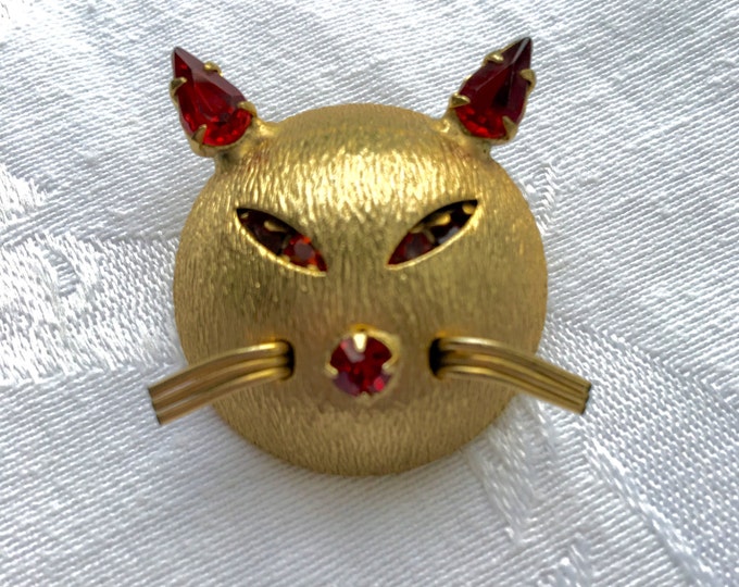 Joseph Warner Cat Brooch Kitty Pin Vintage Cat Jewelry Red Rhinestone