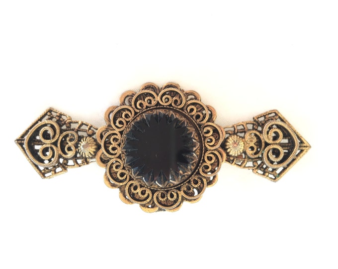 Vintage Filigree Brooch Pendant Black Glass Center Stone Unsigned Florenza Pin