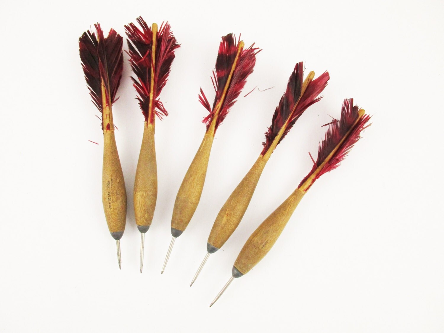 Five Vintage Darts Red Feathered Darts Wood Feather and