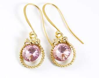 Pink Rhinestone Bow Earrings, Gold Bow Earrings, Bridal Jewelry, Bridesmaids Earrings