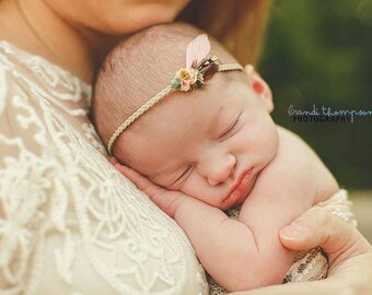 Tribal Boho Baby feather headband, newborn photo prop, feather halo, organic props, floral tiebacks, rustic coral peach turquoise girl props