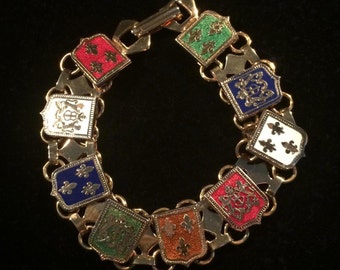 Vintage Enameled Fleur di Lis & Lion Coat of Arms Panel Bracelet