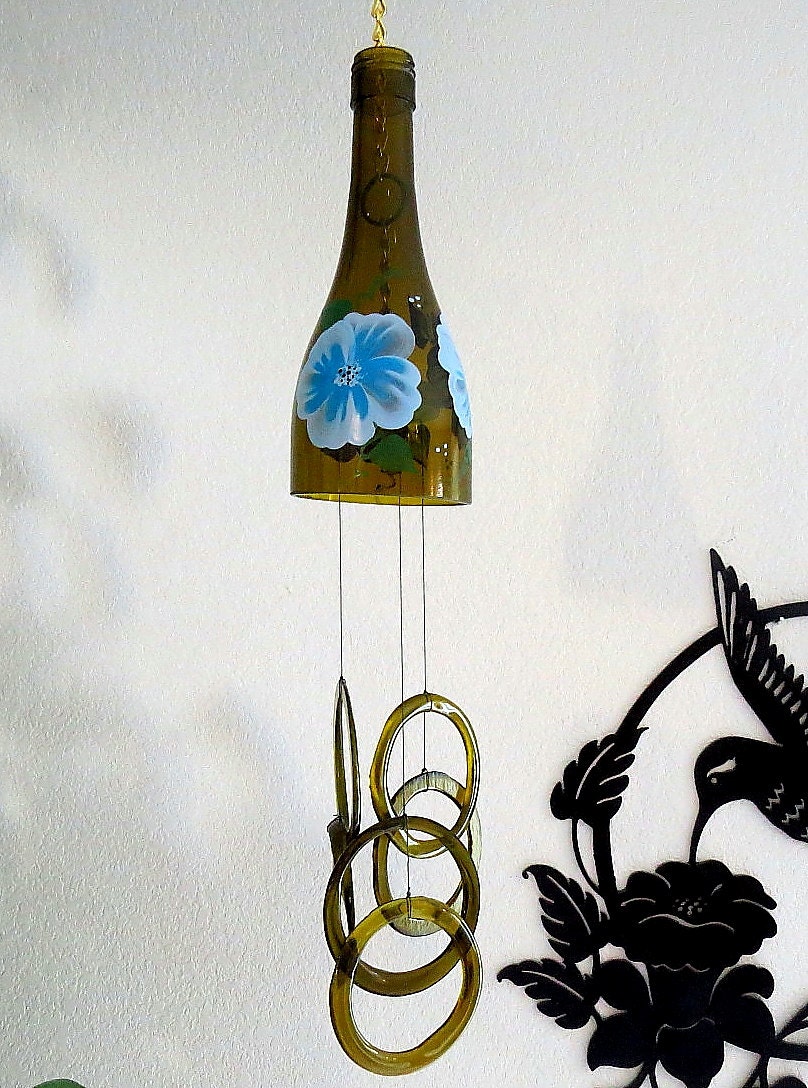 Wine Bottle Windchime Amber Wind Chime Blue Flowers Yard