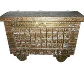Antique Hope Chest on Wheels Hand Carved Brass Cladded Trunk Buffets India Dowry Pitara