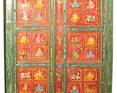 Antique Indian Cabinet Jodhpur Ganesh Carved Green Red Armoire
