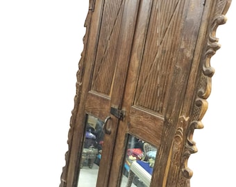 Antique Door PANELS Indian Mirror Carved Teak Wood Doors with Frame Reclaimed Architectural SPANISH TUSCAN 18C