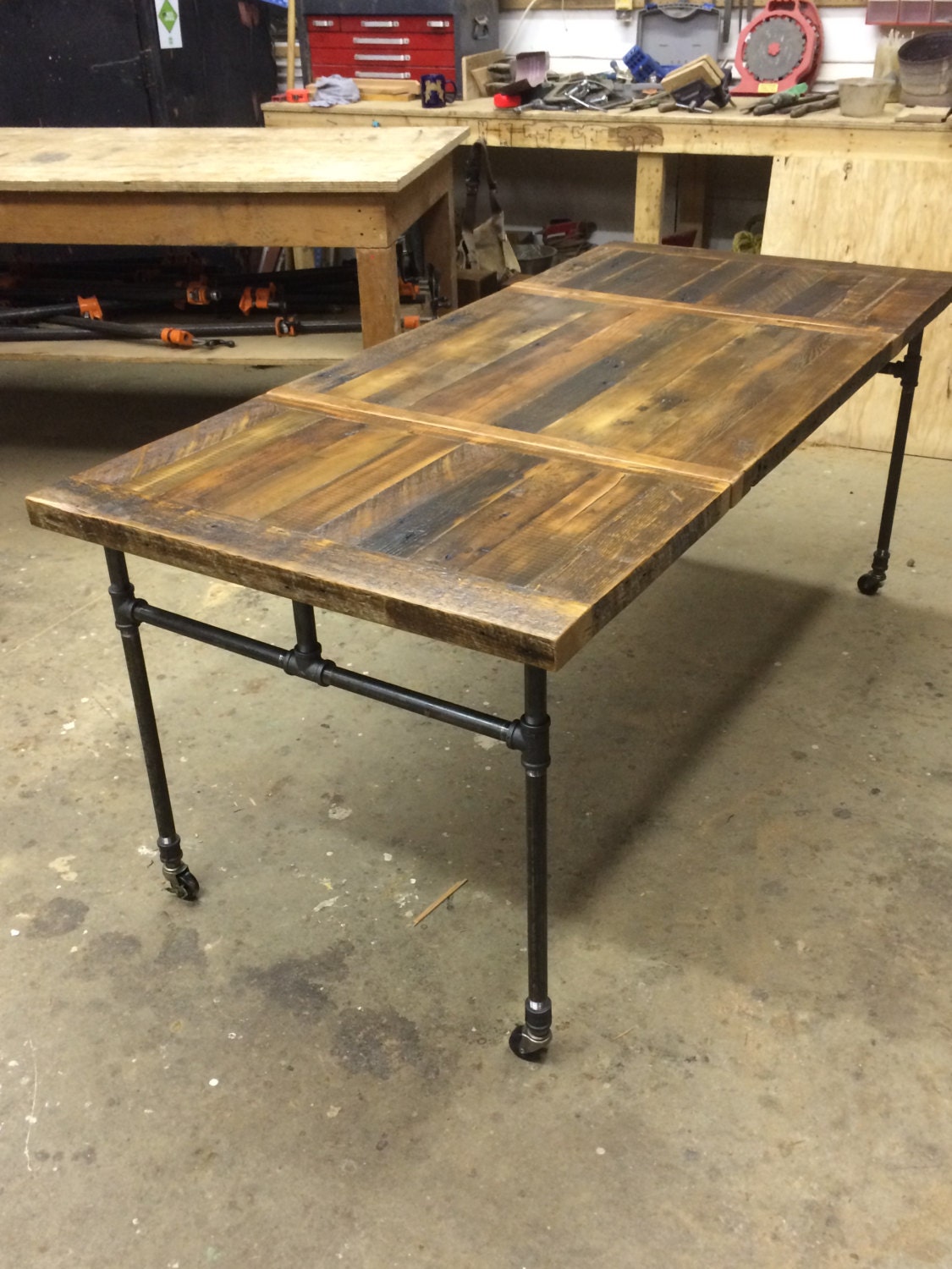 Expanding Dining Table with Cast Iron Pipe Legs