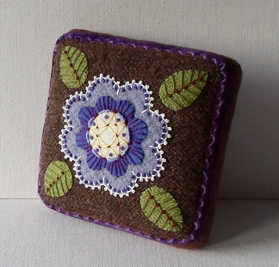Handmade Needle Cushion Felted Wool Lavender & Cream Floral Pin Cushion