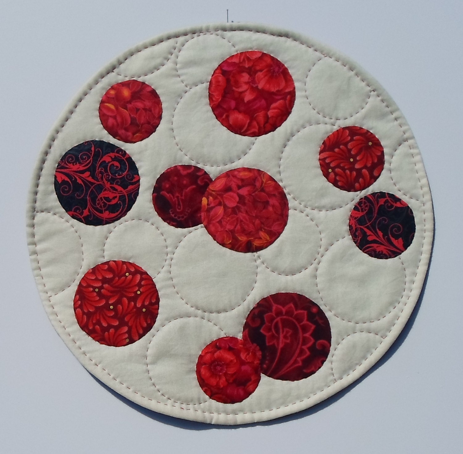 Handmade Round Quilted Red Bubbles Cotton Table Topper