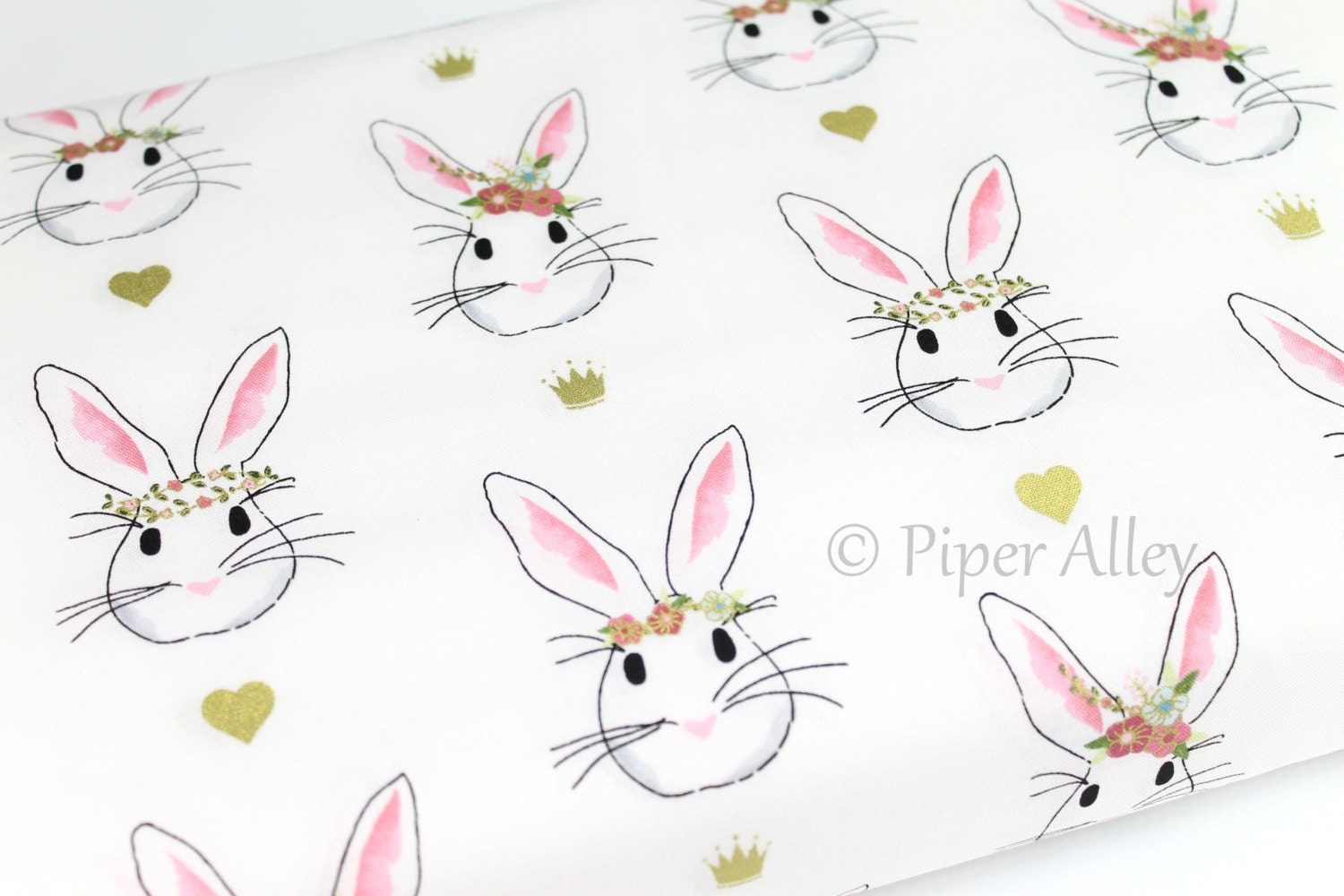 Cotton Fabric White Bunny Rabbit Pink And Gold Metallic