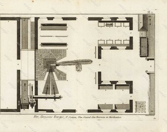DIDEROT / PANCOUCKE Original From the first Edition - Detailed copper engraved Big Iron Forges Plan General Merchandise in Dun Furnace