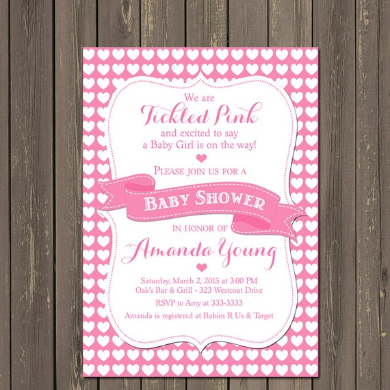 Tickled Pink Baby Shower Invitation, Hearts Baby Shower Invitation, Pink Baby Girl Invite, Printable or Printed Il_570xn