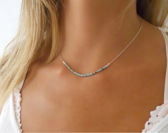 Sterling Silver Necklace With Turquoise Beads, Delicate Silver Necklace, Layering Silver necklace, Turquoise Bar Silver Necklace.