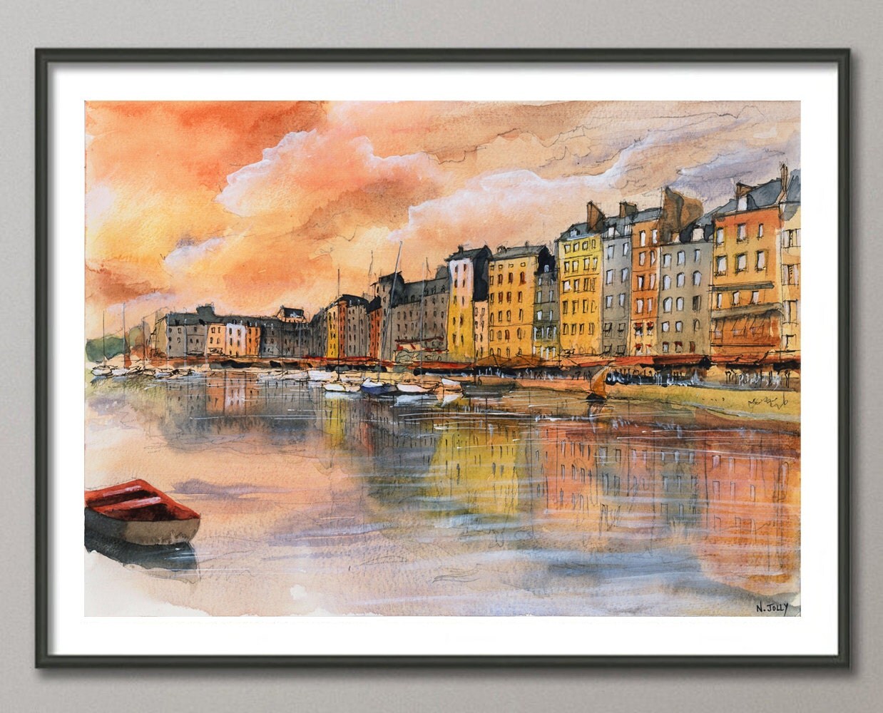 Boats Painting Sunset Watercolor Harbor poster Port print
