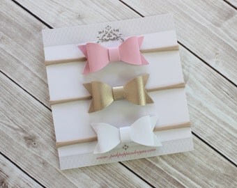 Leather Bow Headbands, Pink, Gold, White, Nylon Headbands, Baby Girl Headbands, Infant Headbands, Baby Bows