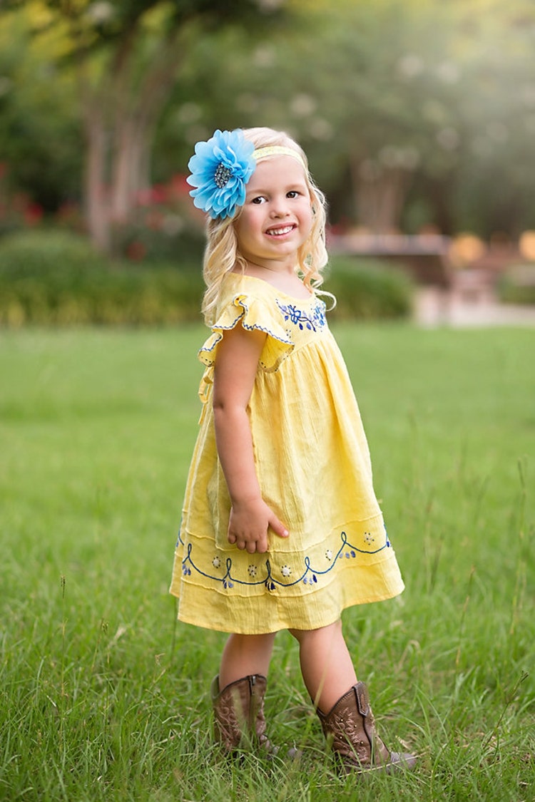 Blue Yellow Flower Headband Blue Flower Girl by KennasKlippiesBows