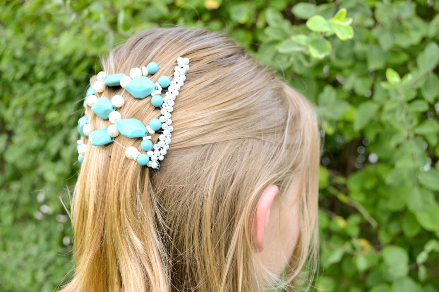 elastic hair combs beaded trim and blue and by JoyousiiiArtistry
