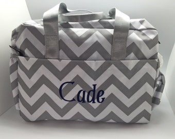 Grey chevron large roomy diaper bag monogram baby boy girl name personalized girl gift
