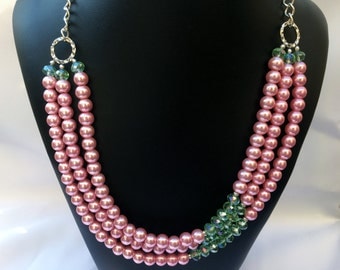 Sharen - Pink pearl necklace, Pink Green Necklace, Layered Necklace, Pearl Necklace, Pink Green Beaded Necklace, Pink necklace