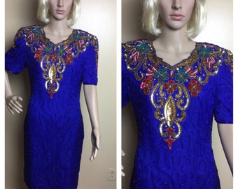 VINTAGE 90s Beaded Dress,Flapper Dress,Art deco dress, trophy dress , 80s prom dress