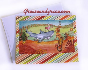 Mermaid, STRIPE BKGD Pin-Up, 1950s, Blank Inside Greeting Card