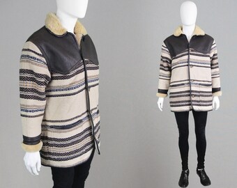 Vintage 80s Mens Shearling Coat Woven Tapestry Coat Real Shearling Jacket Brown Leather Trim Tribal Print Navajo Print Mens Hippy Coat 1980s