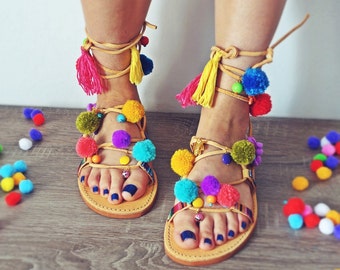 Model IBIZA---ON ORDER --Sandals boho style,pom poms sandals, leather sandals, gladiator sandals, boho sandals
