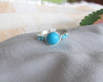 Ring, Silver Wire Wrapped Turquoise and Blue Seed Beed Ring