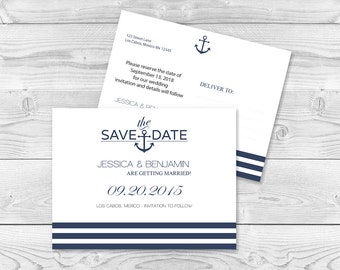 Nautical Save the Date Postcard Templates - Navy Anchor Stripes Printable Wedding Save the Dates - 5.5 x 4.25 Editable PDF Template
