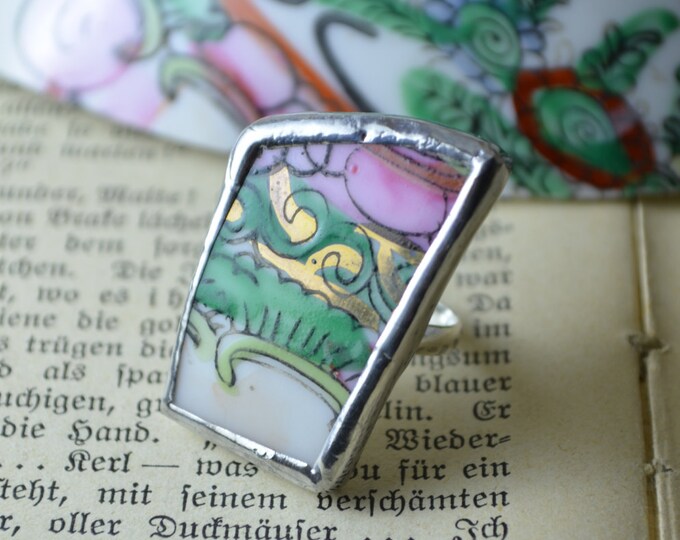 Porcelain multicolor ring made from the big vintage Chinese vase