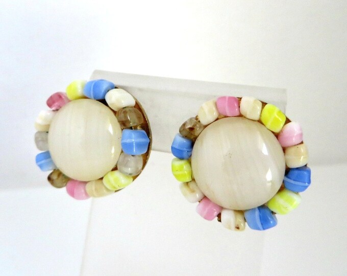 Trifari Pastel Button Earrings, Cream Pink Blue Brown Yellow Glass Vintage Clip-on Earrings, Birthday Gift, Christmas Gift