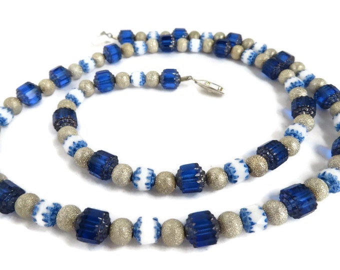 Blue, White and Cream Bead Necklace, Vintage Frosted and Grovved Glass Bead Necklace