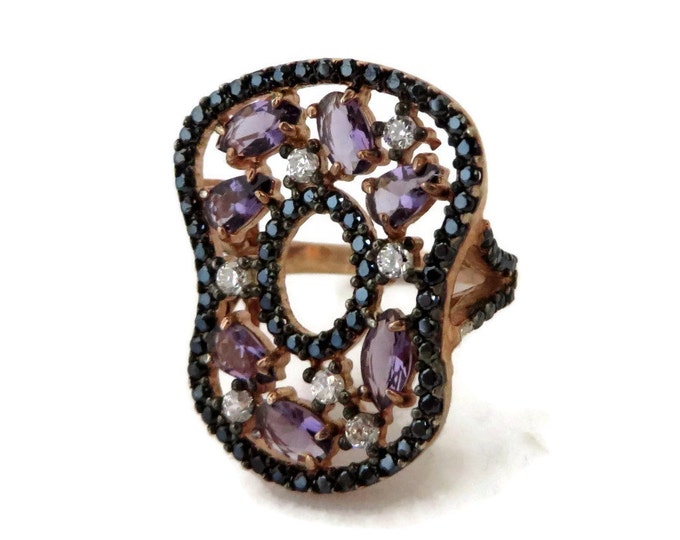 Amethyst, Sapphire, Topaz Ring, Vintage 14K Rose Gold over Sterling Silver Ring, Size 6