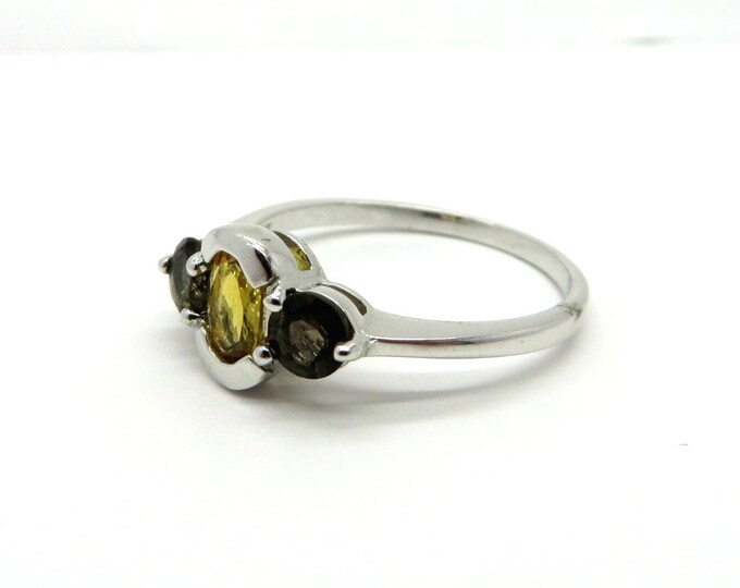 Citrine Sterling Silver Ring, Vintage Multistone Amber and Yellow Ring, Size 7