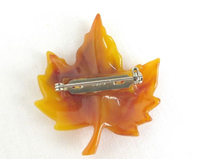 AVON Brooch - Amber Lucite Leaf Brooch, Golden Leaf Pin Rhinestone Accent, Perfect Gift