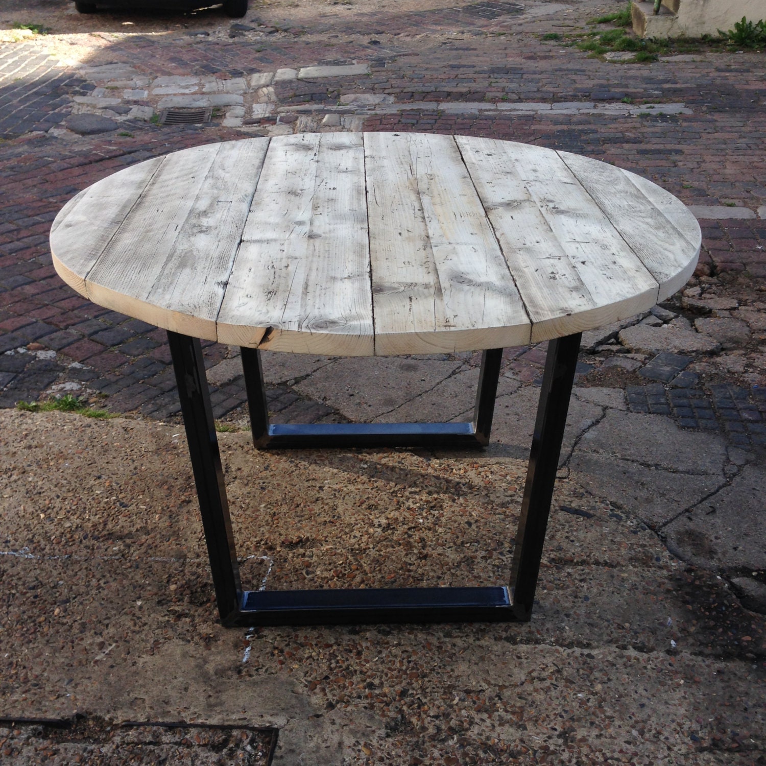 Round Reclaimed Scaffold Dining Table With Steel Frame