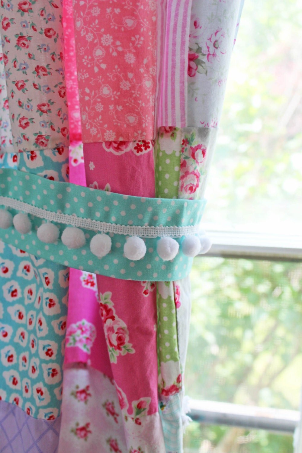 Curtain Tie Backs Pom Pom Trim Aqua Blue Polka Dots Cottage