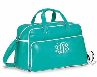 5 - Personalized Retro turquoise Weekender Bag, monogrammed adjustable shoulder straps, accent piping, in 4 colors. Bridesmaid gift