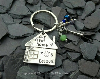 Hand Stamped Personalised 'Our First Home' House Keyring, Anodised Aluminium, Couples Gift, Couples First Home, Date, Stamped Keyring, Key.