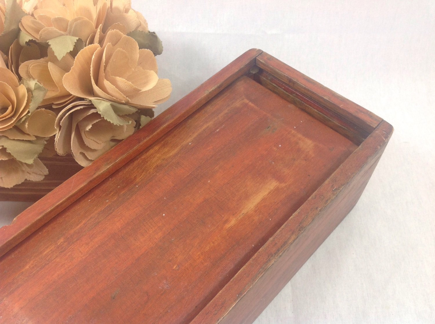 Vintage Wood Storage Box Sliding Lid Primitive Wooden Box