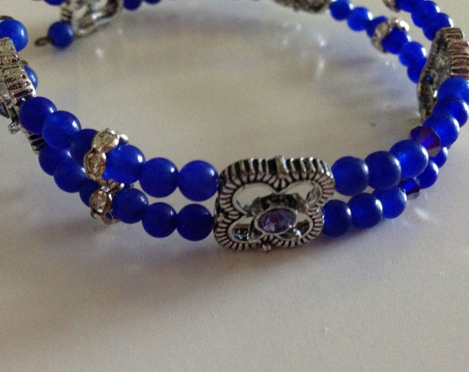 blue agate and glass crystal memory wire cuff bracelet