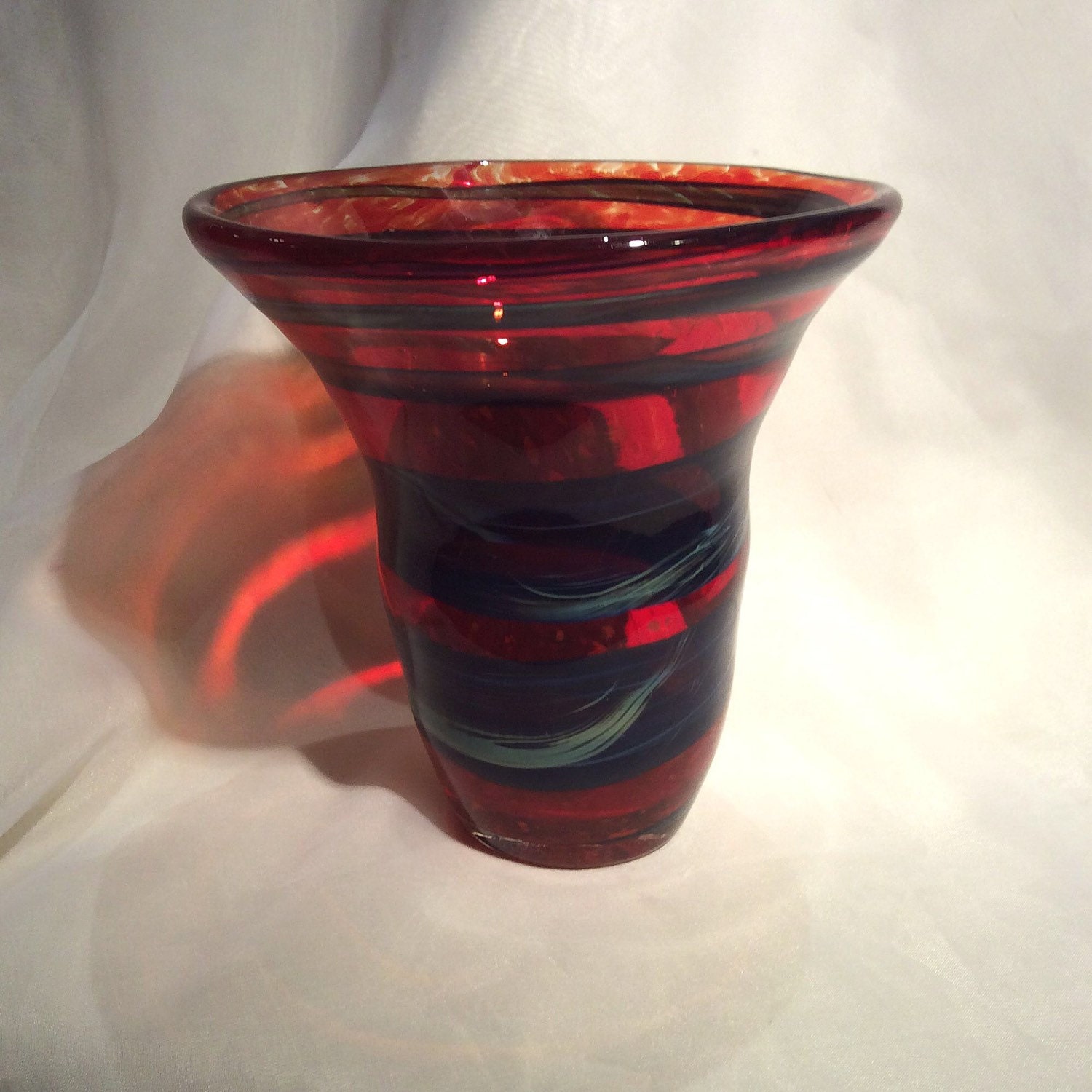 Hand Blown Glass Spiral Vase in Red. Red Art Glass flared