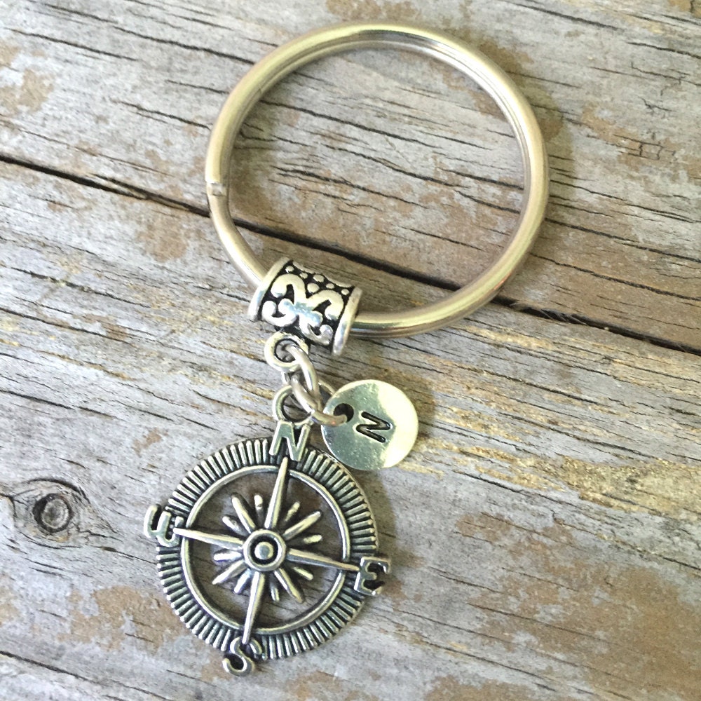 Compass Keychain/ Compass Key Chain/ Compass Initial Key Ring/