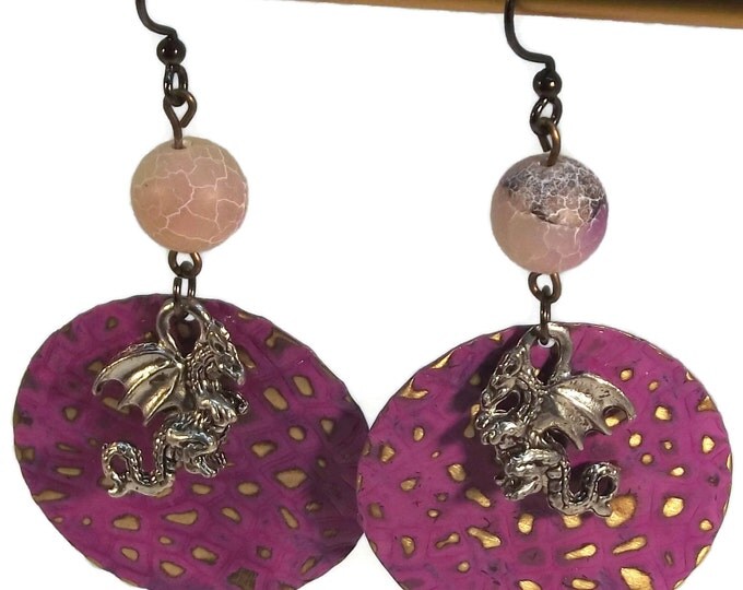 Hand Painted Purple Dragon Scales Dangle Earrings Nickle Free Ear Wires, Hypo Allergenic, OOAK, One of a kind.